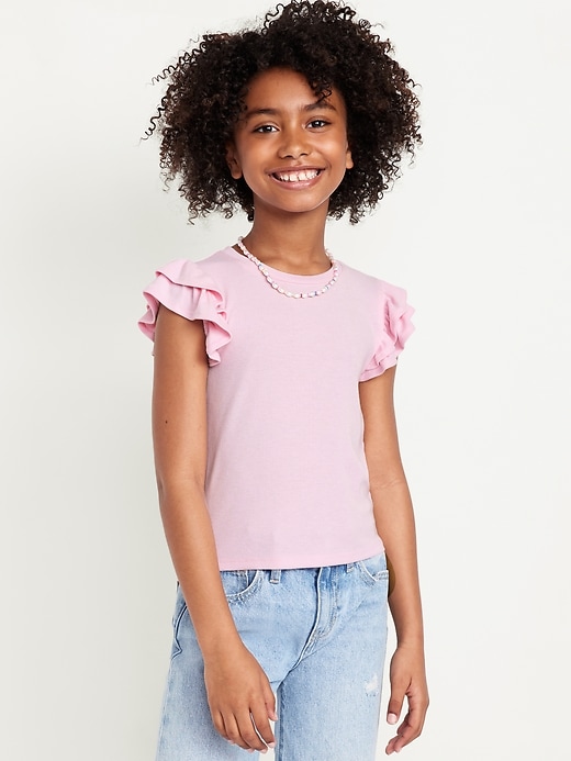 View large product image 1 of 3. Fitted Short-Sleeve Ruffle-Trim Ribbed Top for Girls