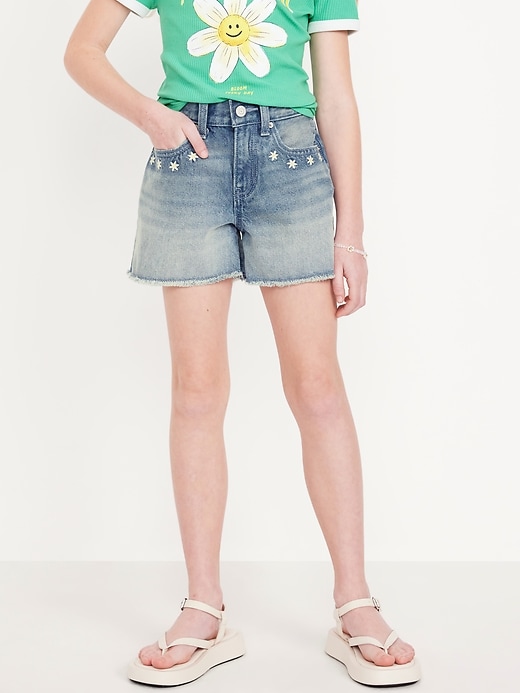 View large product image 1 of 5. High-Waisted Embroidered Frayed-Hem Jean Shorts for Girls