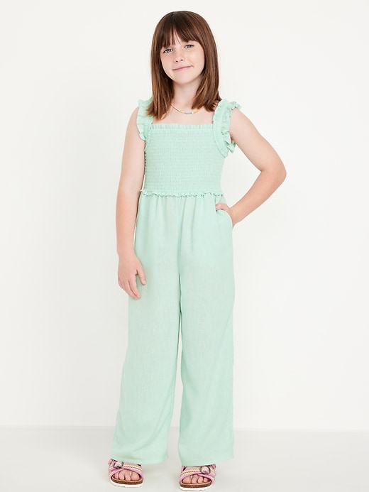 View large product image 1 of 3. Sleeveless Smocked Ruffle-Trim Jumpsuit for Girls