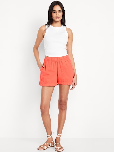 Short en gaze froissée à taille haute, entrejambe de 10 cm