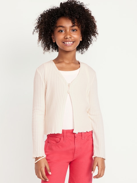 Cardigan à col en V boutonné devant en tricot côtelé pour fille