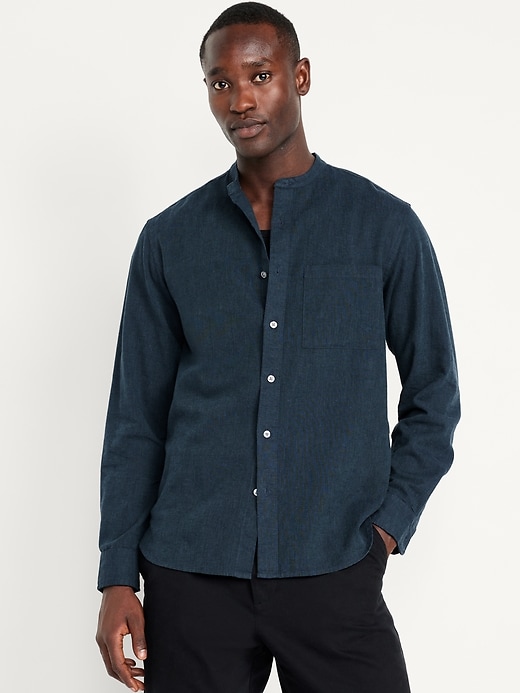 Image number 1 showing, Banded-Collar Linen-Blend Shirt