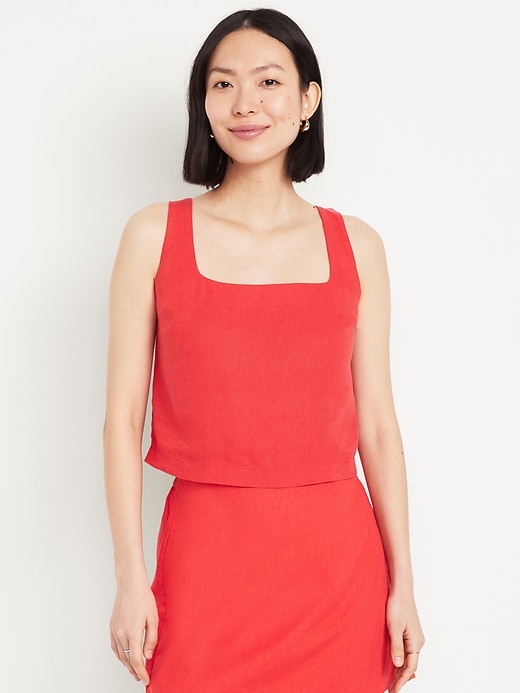 Image number 1 showing, Square-Neck Linen-Blend Crop Tank Top