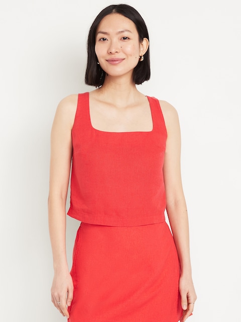 Square-Neck Linen-Blend Crop Tank Top