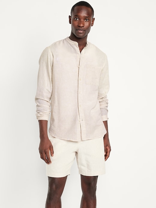 Image number 1 showing, Banded-Collar Linen-Blend Shirt