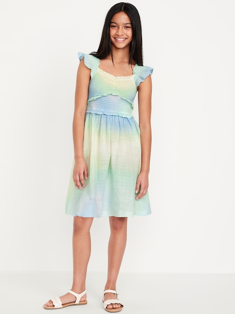 Printed Flutter-Sleeve Smocked Fit and Flare Dress for Girls