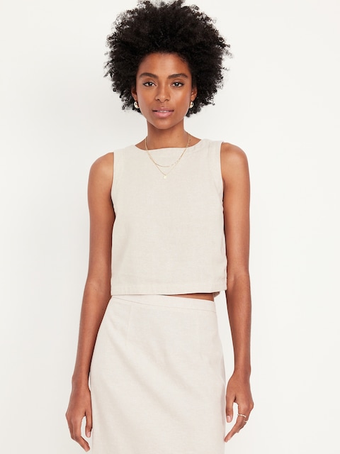 Hi-Neck Button-Back Linen-Blend Top
