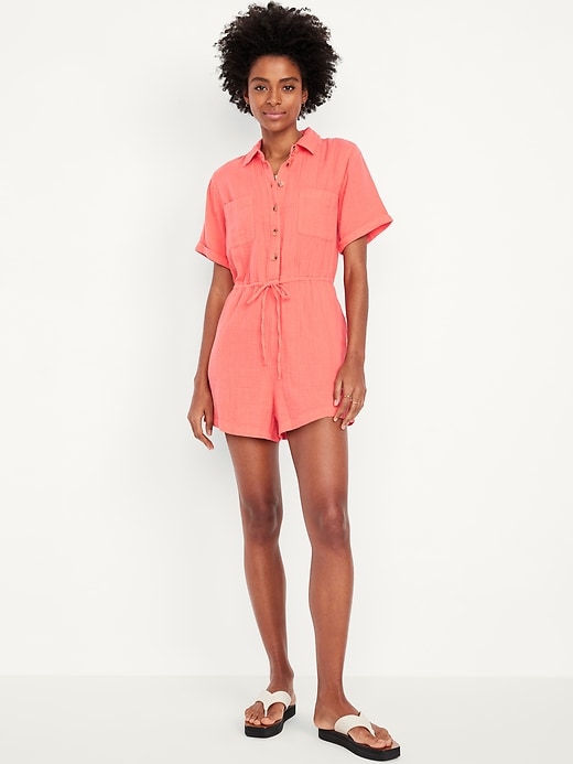 Image number 1 showing, Waist-Defined Crinkle Gauze Romper