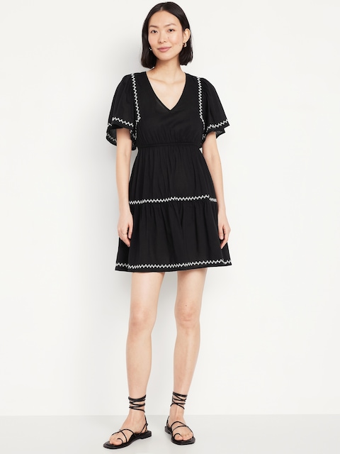 Waist-Defined Embroidered Mini Dress