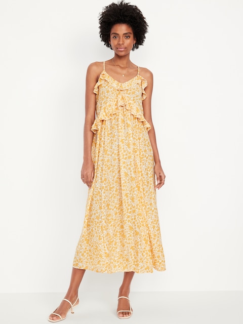 Robe mi-longue sans manches en satin à volants