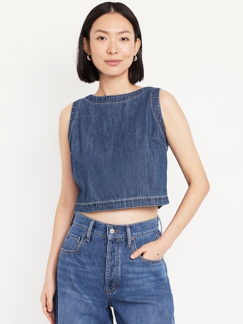 Sleeveless Hi-Neck Button-Back Top - Blue