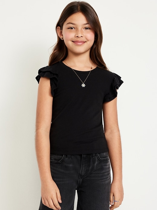 View large product image 1 of 1. Fitted Short-Sleeve Ruffle-Trim Ribbed Top for Girls