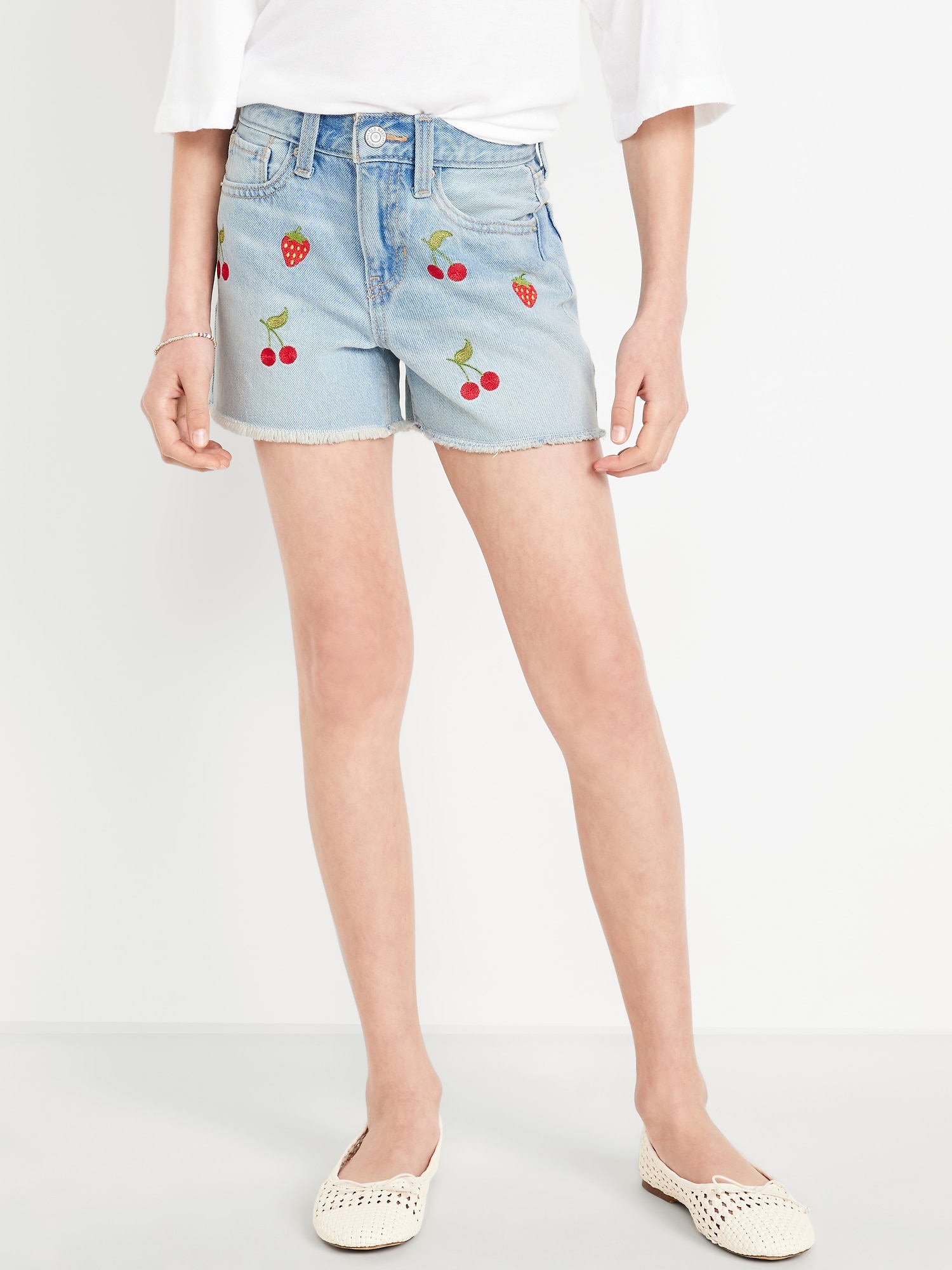 High-Waisted Embroidered Frayed-Hem Jean Shorts for Girls