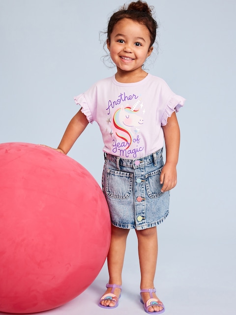 Jupe d’anniversaire en denim à taille haute boutonnée sur le devant pour toute-petite fille