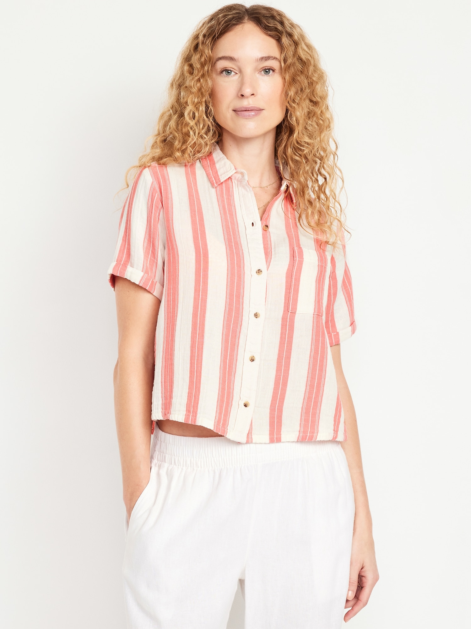 Crinkle Gauze Button-Down Striped Shirt