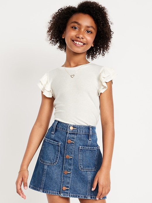 View large product image 1 of 3. Fitted Short-Sleeve Ruffle-Trim Ribbed Top for Girls