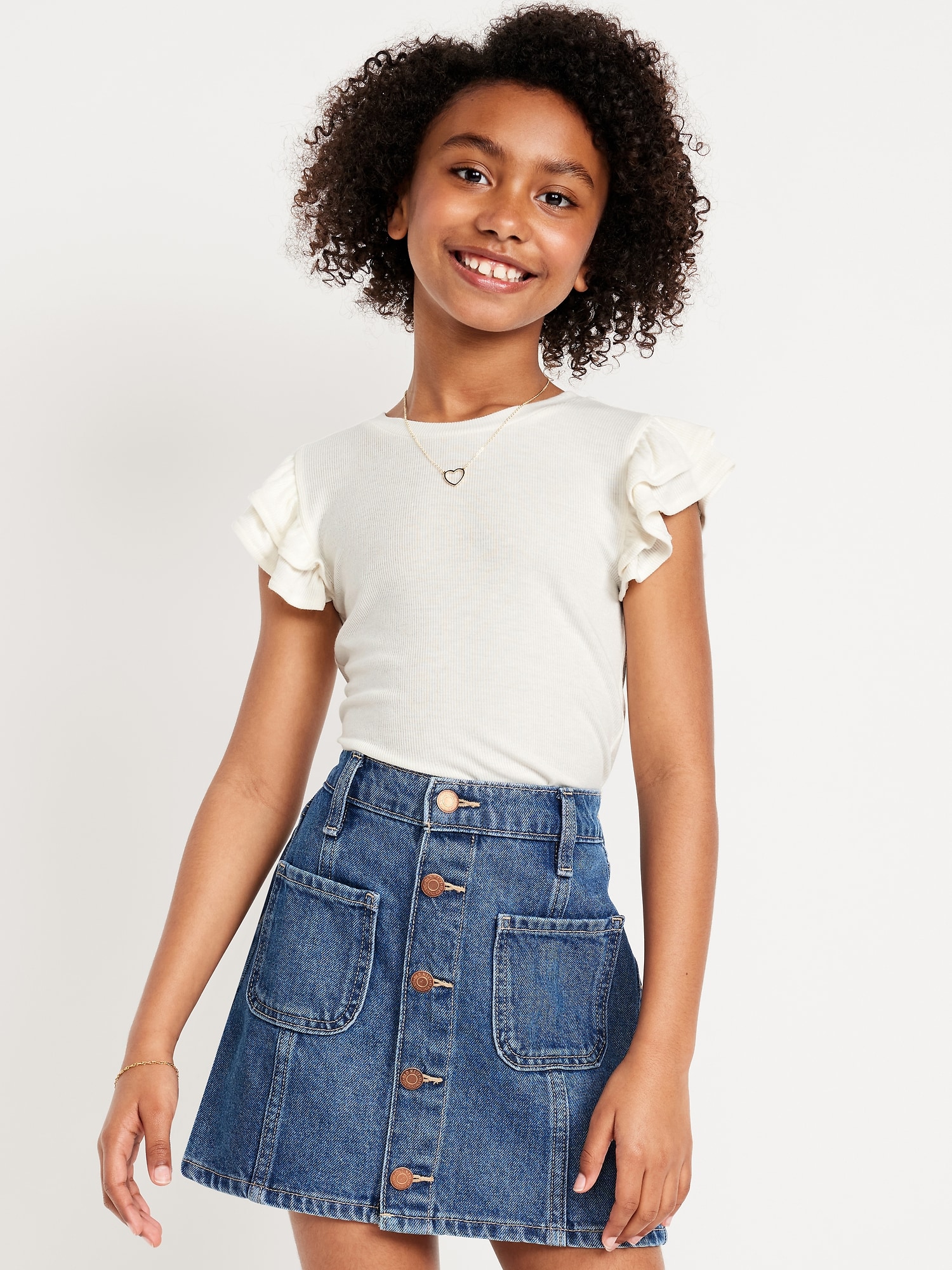 Fitted Short-Sleeve Ruffle-Trim Ribbed Top for Girls