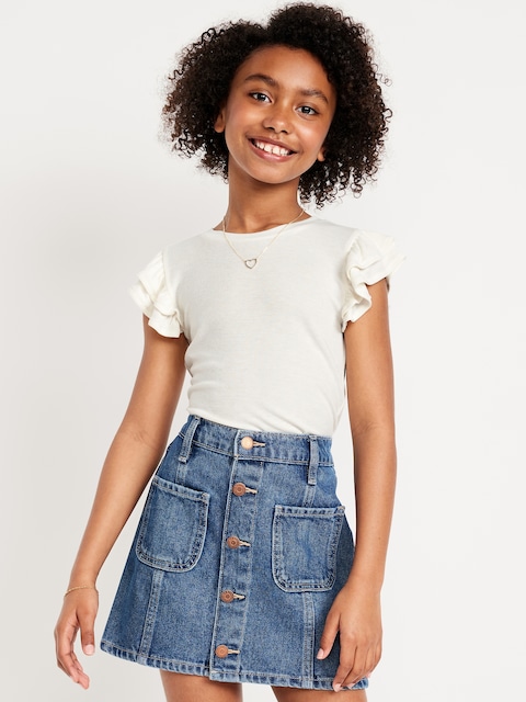 Fitted Short-Sleeve Ruffle-Trim Ribbed Top for Girls