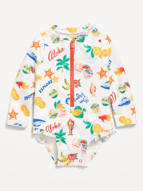 Printed Zip-Front Rashguard One-Piece Swimsuit