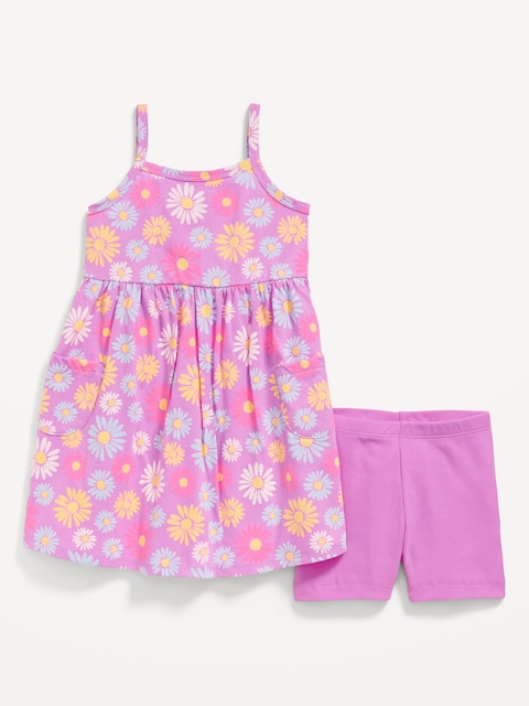 Printed Sleeveless Dress and Biker Shorts Set for Toddler Girls