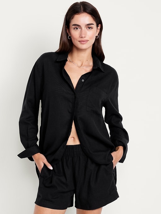 Image number 1 showing, Linen-Blend Loose Button-Down Shirt