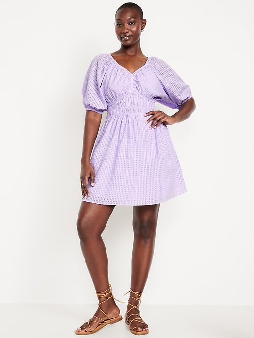 Image number 3 showing, Waist-Defined Puff-Sleeve Seersucker Mini Dress