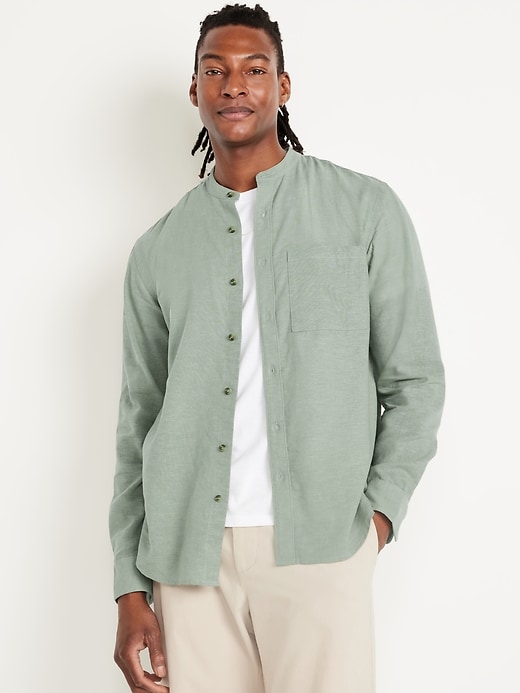 Image number 1 showing, Banded-Collar Linen-Blend Shirt