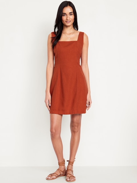 Robe courte à encolure carrée en mélange de lin
