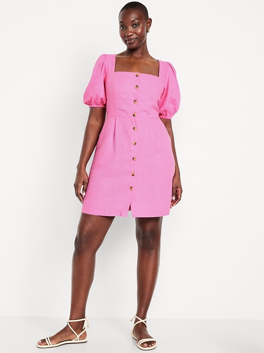 Image number 4 showing, Puff-Sleeve Linen-Blend Mini Dress