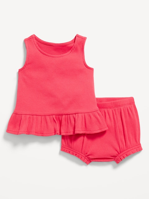 Sleeveless Ribbed Ruffle-Trim Top and Shorts Set for Baby - Bright Cerise