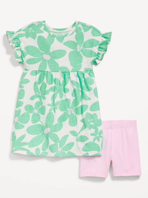 Printed Flutter-Sleeve Dress and Biker Shorts Set for Toddler Girls
