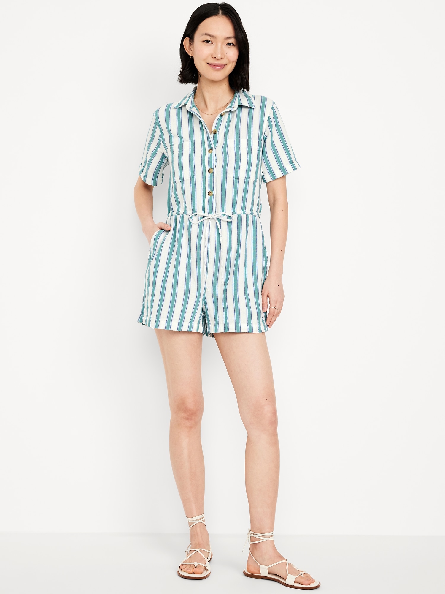 Crinkle Gauze Button-Down Romper