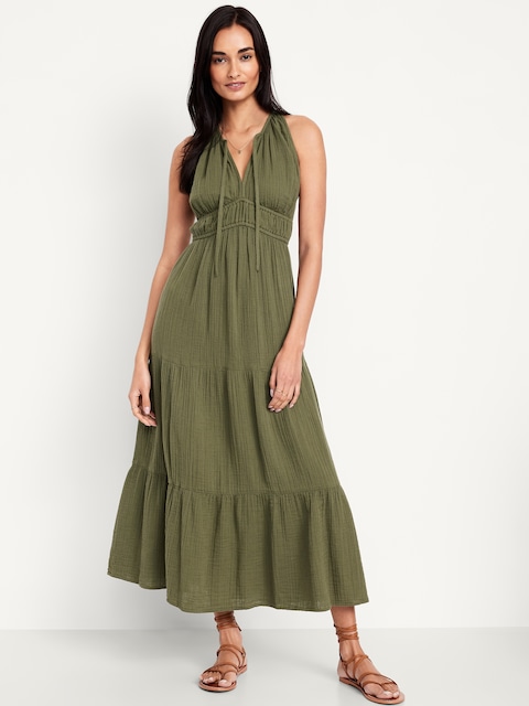 Fit & Flare Crinkle Gauze Maxi Dress