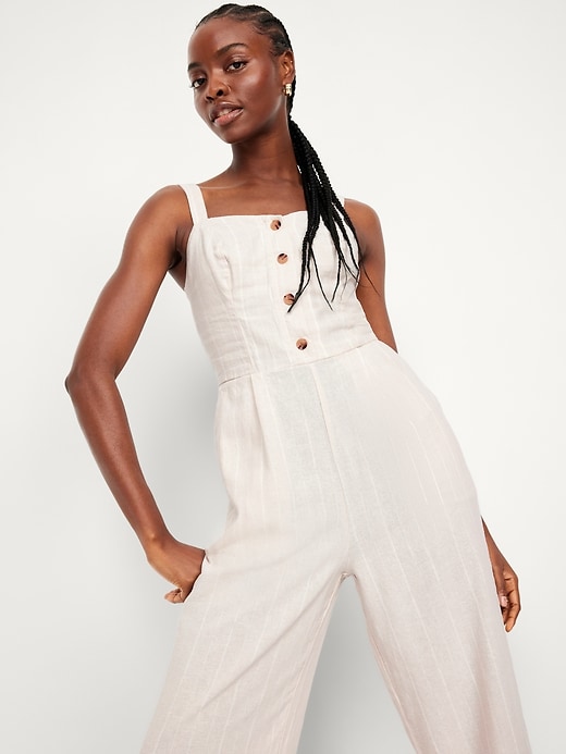 Image number 3 showing, Button-Front Linen-Blend Cami Jumpsuit