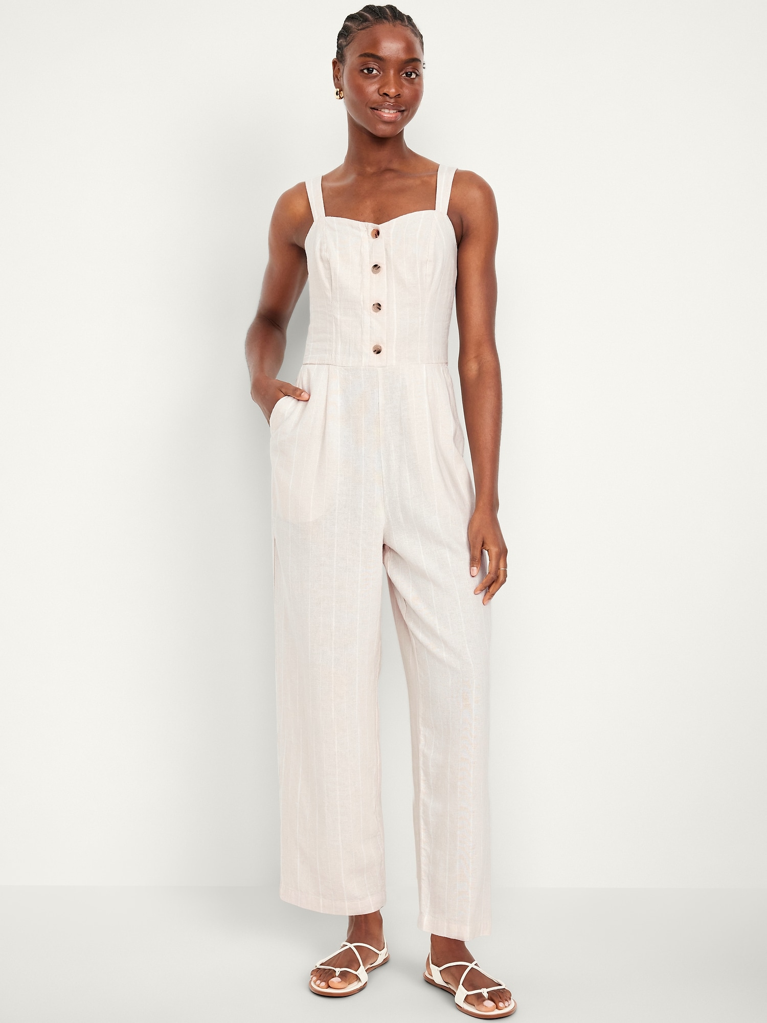 Button-Front Linen-Blend Cami Jumpsuit