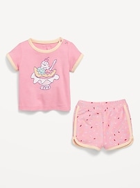 L'image numéro 2 présente Ensemble de t-shirt à bords contrastants à motif et short en jersey bouclette pour bébé