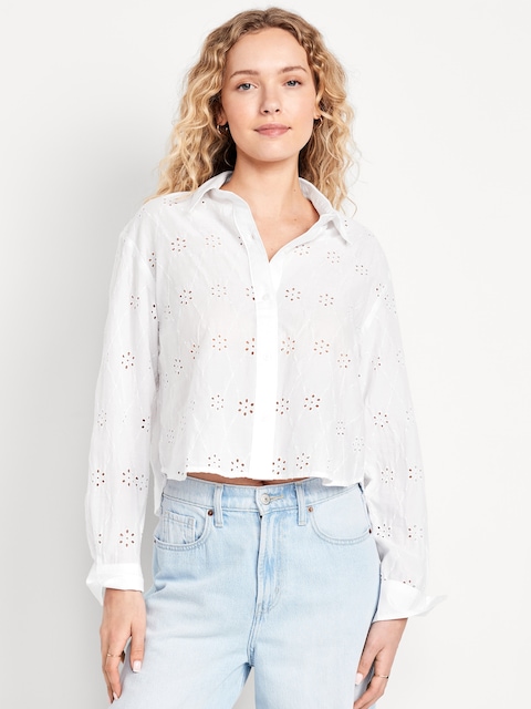 Cropped Button-Down Eyelet Shirt
