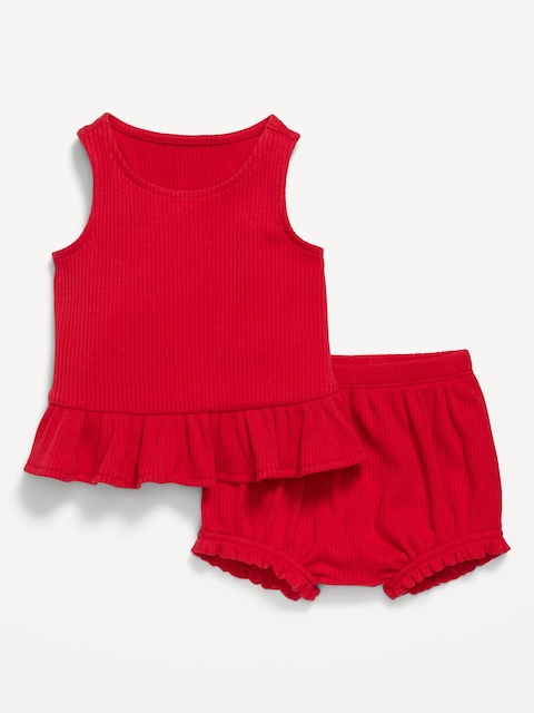 Sleeveless Ribbed Ruffle-Trim Top and Shorts Set for Baby