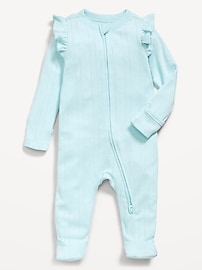 L'image numéro 1 présente Une-pièce Nuit ou jeu à pieds à glissière à double sens à volants pour bébé