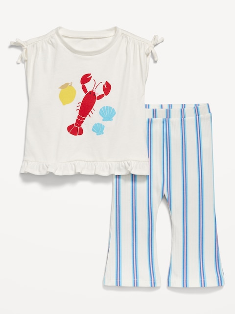 Printed Ruffle-Trim Top and Ribbed Flare Leggings Set for Baby