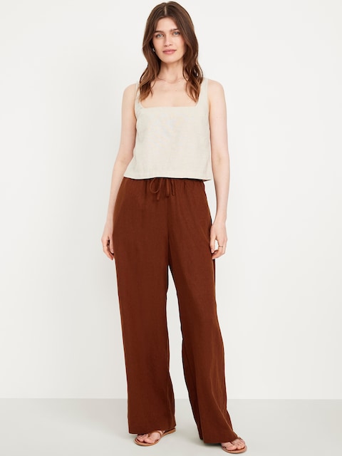 Pantalon à jambe très large en mélange de lin taille haute