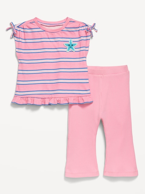 Printed Ruffle-Trim Top and Ribbed Flare Leggings Set for Baby
