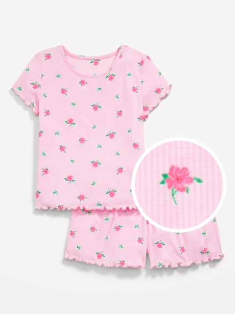 Ribbed Lettuce-Edge Pajama Top and Shorts Set for Girls