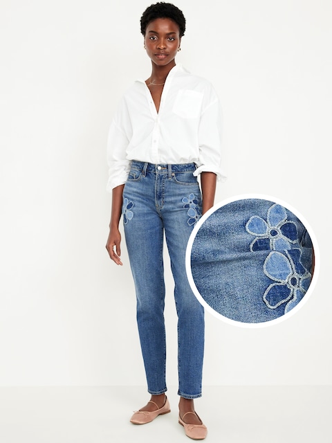 Jean OG droit à appliques de fleurs à taille haute longueur cheville