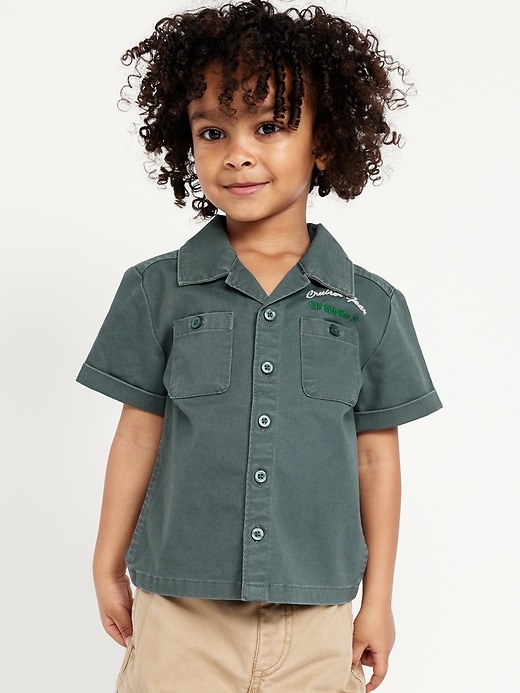 View large product image 1 of 3. Short-Sleeve Embroidered Pocket Shirt for Toddler Boys