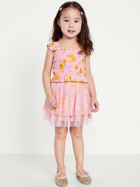Printed Sleeveless Smocked Top and Tulle Skirt Set for Toddler Girls - Pink