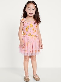 Image number 1 showing, Printed Sleeveless Smocked Top and Tulle Skirt Set for Toddler Girls