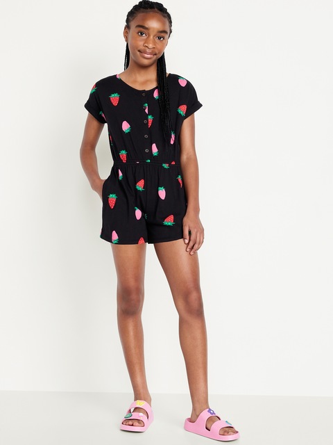 Printed Short-Sleeve Button-Front Romper for Girls - Pink