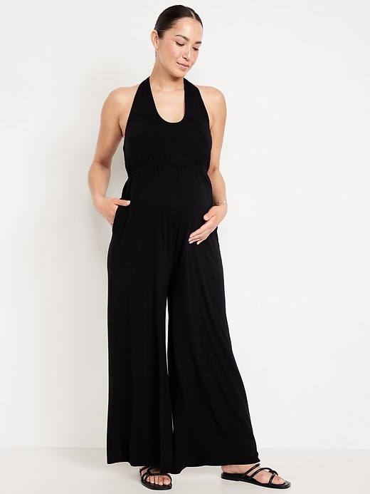 Image number 1 showing, Maternity Waist-Defined Halter Jumpsuit