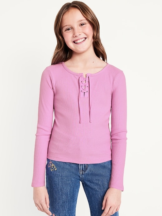 View large product image 1 of 3. Fitted Long-Sleeve Ribbed Lace-Up Top for Girls